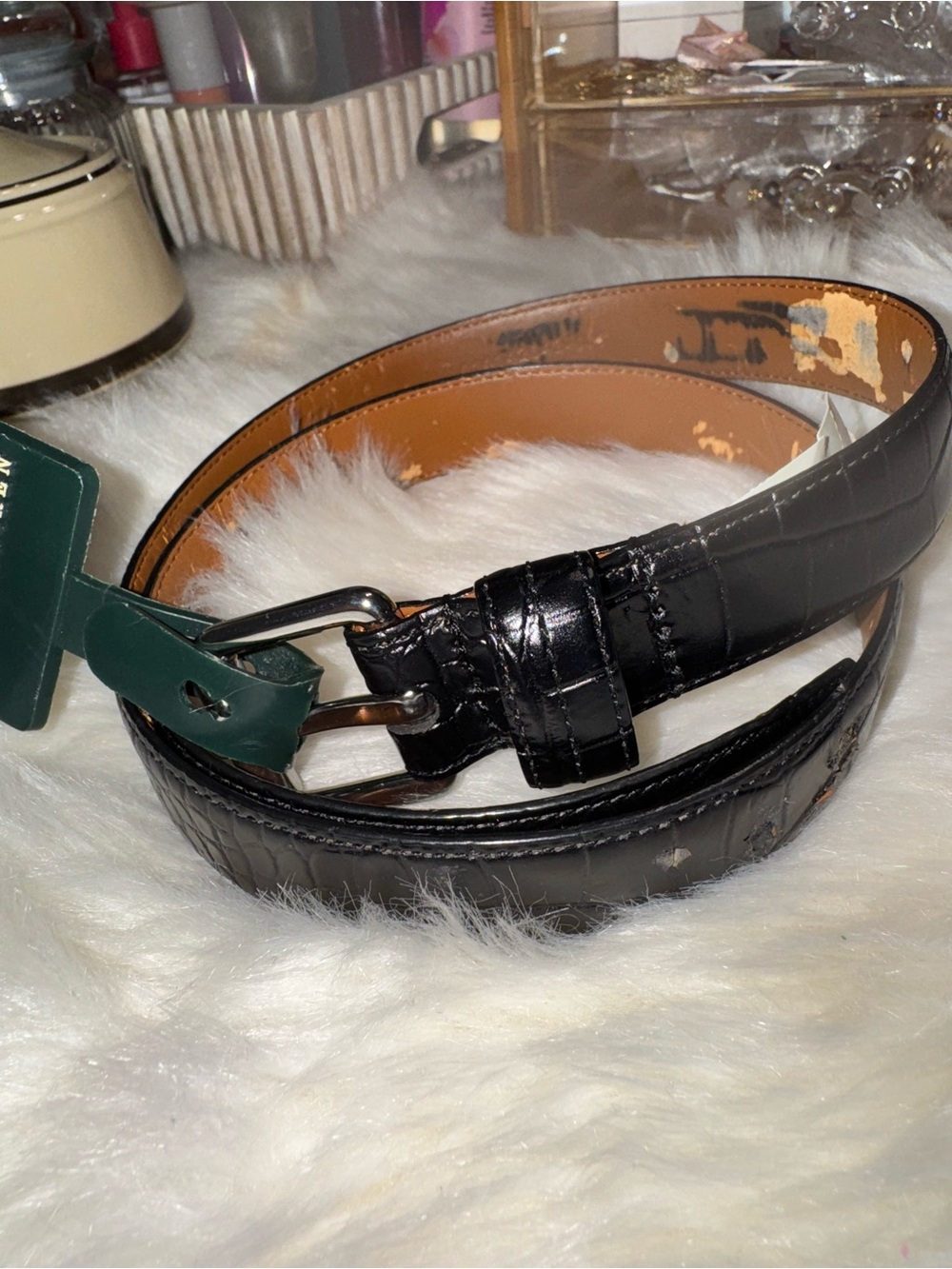 Ralph Lauren Black Croc-Embossed Leather Belt with Silver Buckle